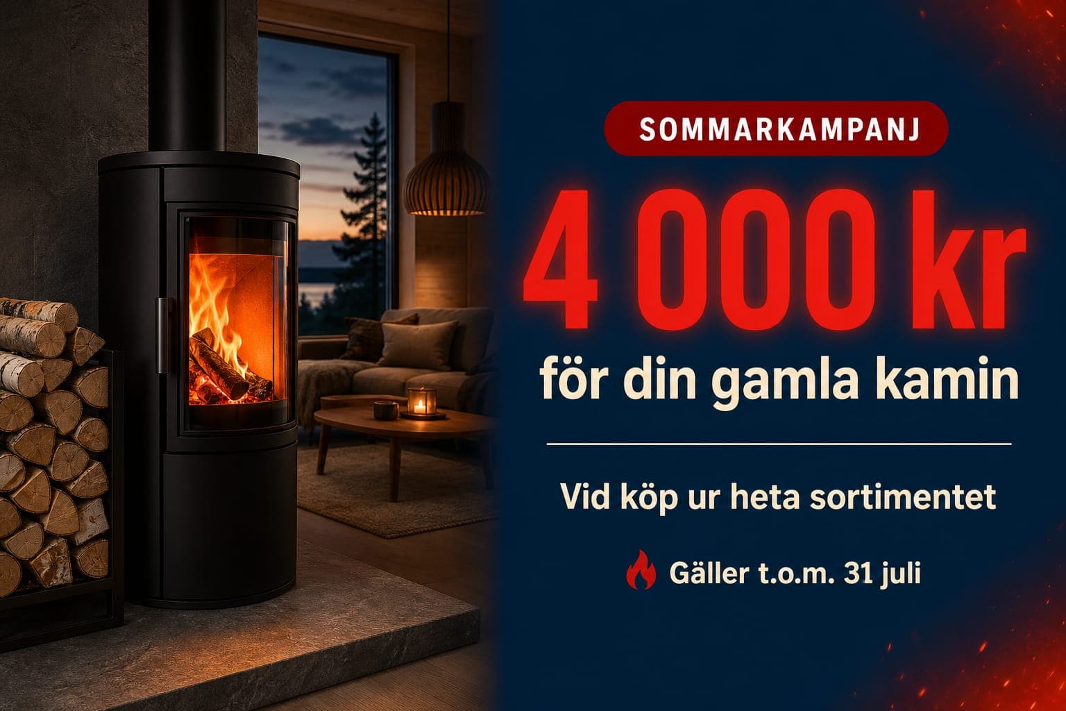 Kampanj: 4 000 kr för din gamla kamin vid köp ur heta sortimentet från HETA. Gäller t.o.m. 31 juli.